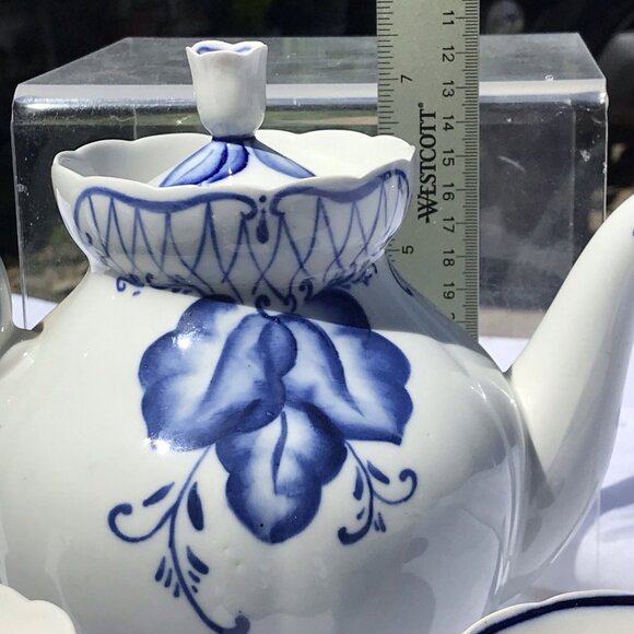 Rare Vtg Russian (USSR) Soviet Antq DULEVO Dapko Blue Floral Porcelain Tea Set - Picture 14 of 16